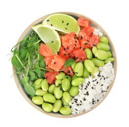 Photo of Delicious poke bowl with lime, fish and edamame beans on white background, top view