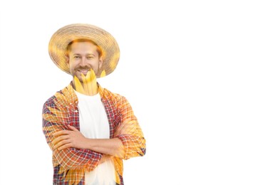 Image of Double exposure of happy farmer and sunflower field on white background