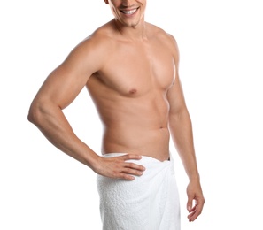 Young man with slim body on white background, closeup view