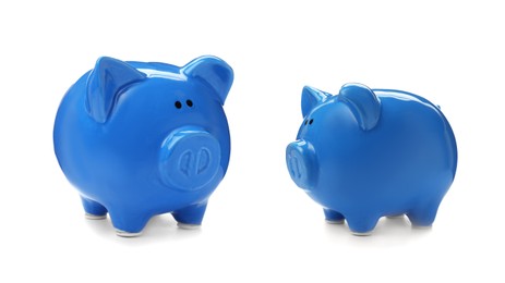 Image of Blue ceramic piggy banks on white background