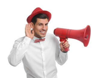 Photo of Handsome man with megaphone on white background