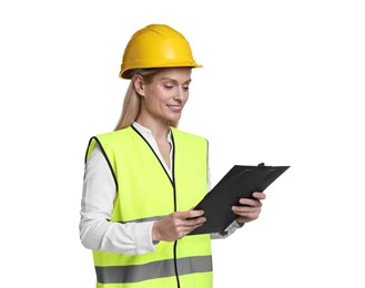 Photo of Engineer in hard hat holding clipboard on white background