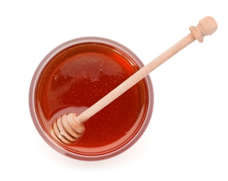 Photo of Jar with delicious honey and dipper on white background, top view