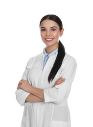 Photo of Happy young woman in lab coat on white background