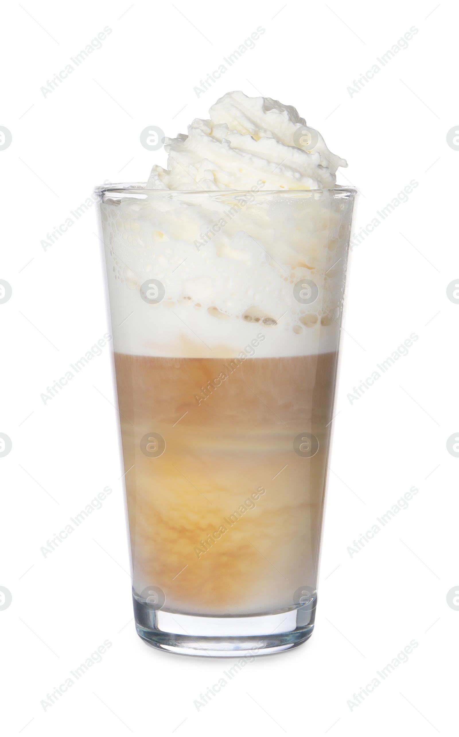 Photo of Delicious latte with whipped cream in glass isolated on white