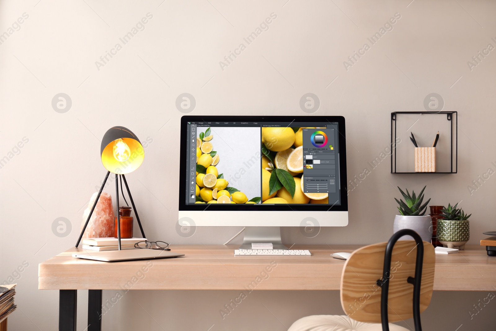 Image of Designer's workplace. Computer with photo editor application on table indoors