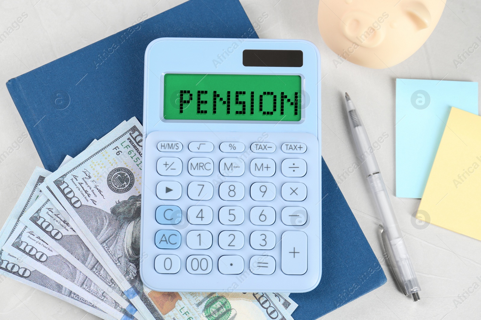 Image of Calculator with word Pension, money, piggy bank and stationery on light grey table, flat lay