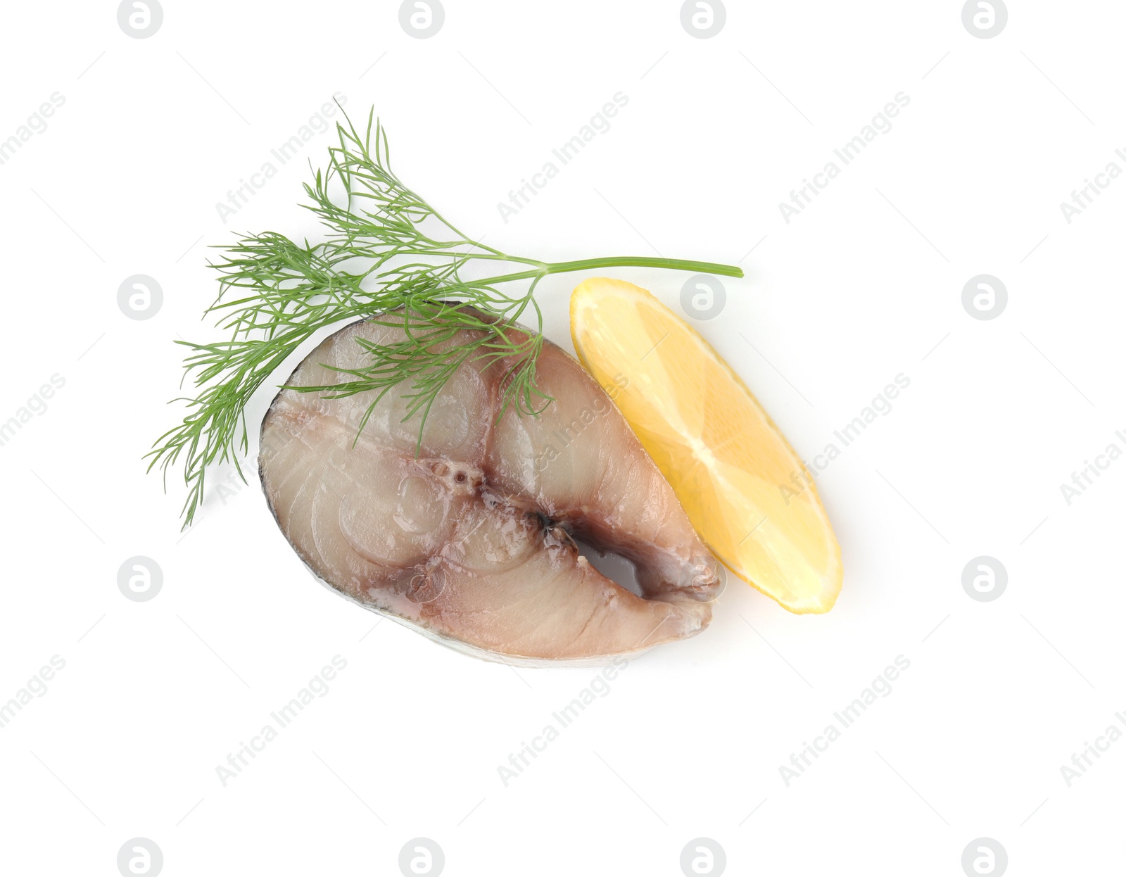 Photo of Slice of tasty salted mackerel, lemon wedge and dill isolated on white, top view