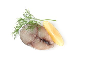 Photo of Slice of tasty salted mackerel, lemon wedge and dill isolated on white, top view