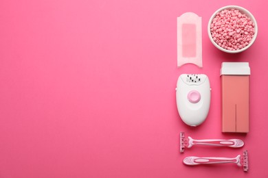 Set of epilation products on pink background, flat lay. Space for text