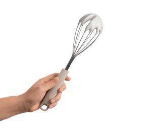 Photo of Woman holding whisk with whipped cream on white background, closeup