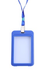 Photo of Blue badge isolated on white, top view