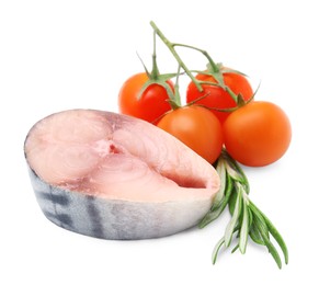 Photo of Piece of mackerel fish with cherry tomatoes and rosemary on white background