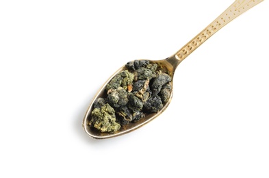 Photo of Spoon with Tie Guan Yin Oolong tea on white background, top view
