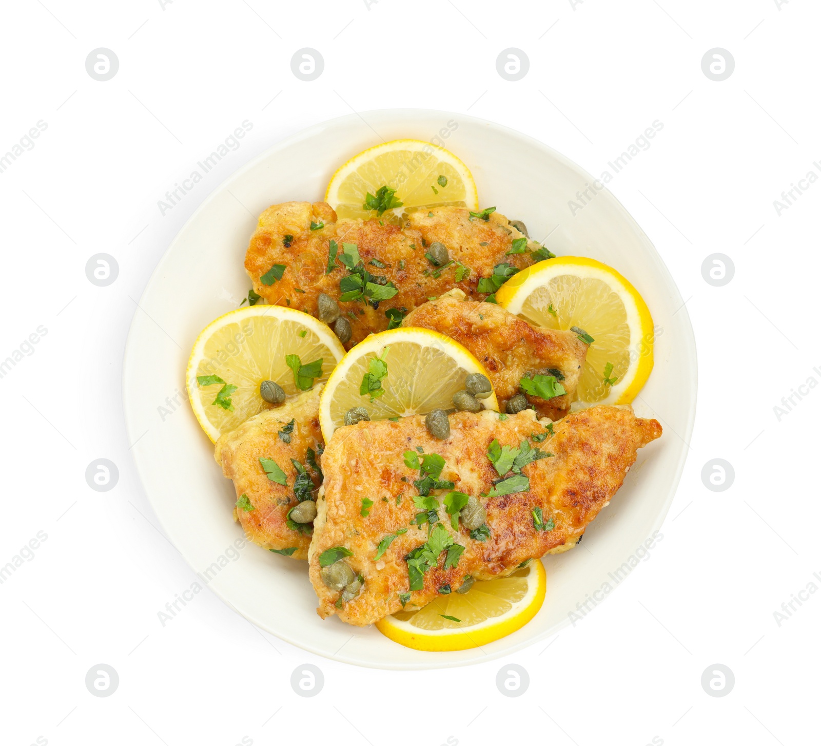 Photo of Delicious chicken piccata with herbs isolated on white, top view