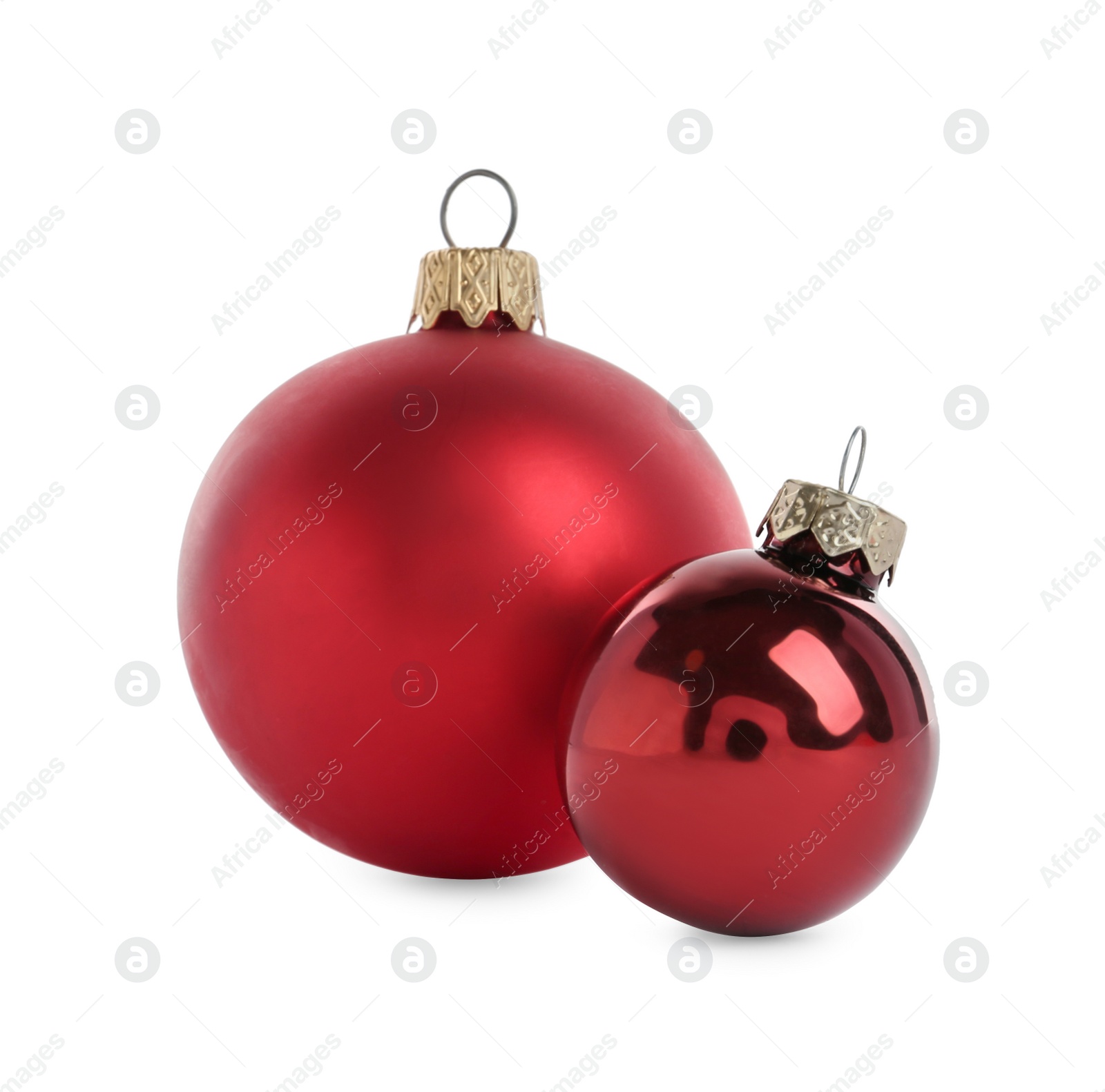 Photo of Beautiful red Christmas balls on white background