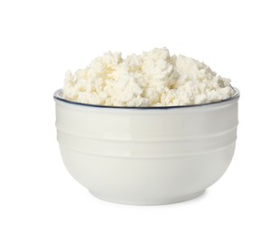 Photo of Delicious fresh cottage cheese in bowl isolated on white