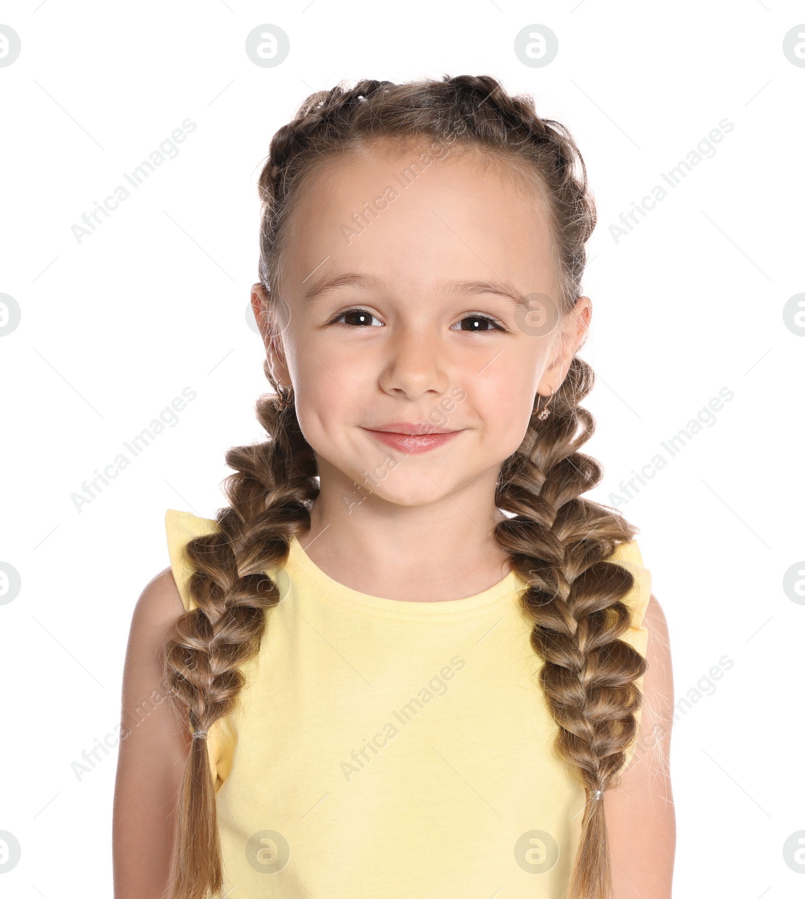 Photo of Portrait of cute little girl on white background