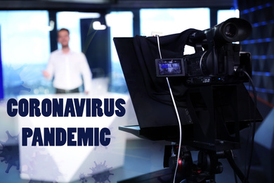 Presenter working in studio. Coronavirus pandemic - latest updates