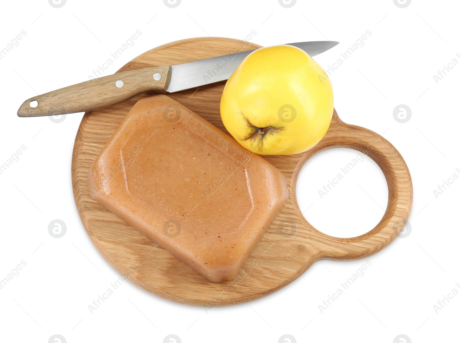 Photo of Delicious sweet quince paste, knife and fresh fruit isolated on white, top view