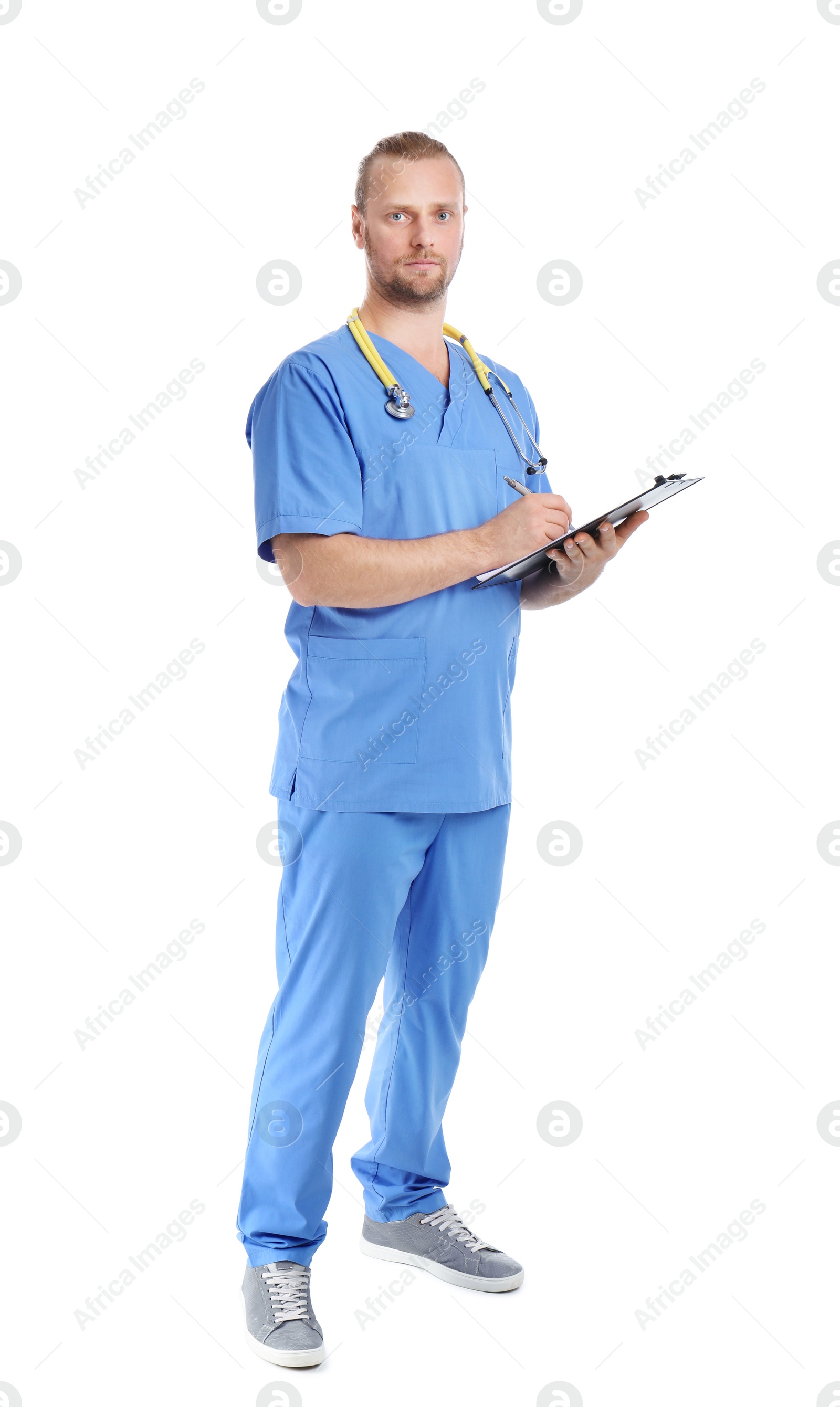 Photo of Full length portrait of medical assistant with stethoscope and clipboard on white background