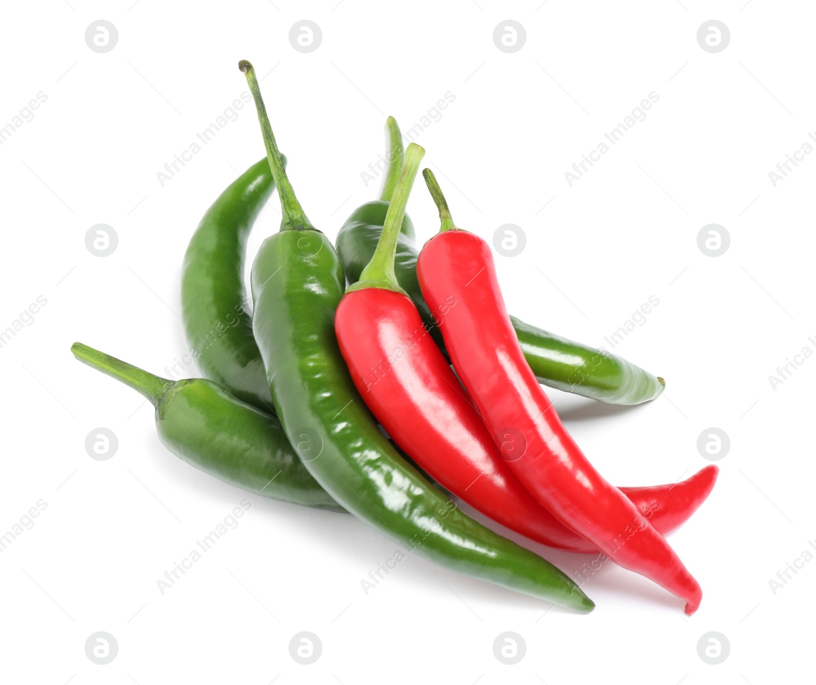 Photo of Ripe hot chili peppers on white background