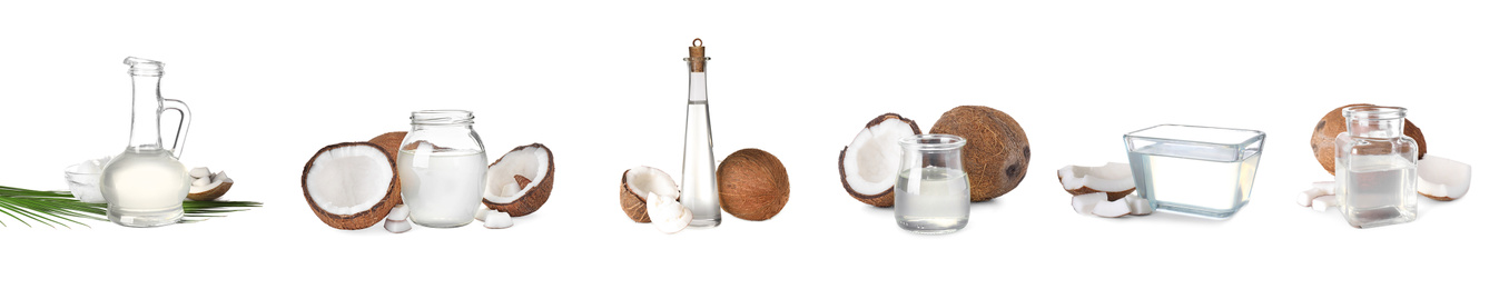 Image of Set of coconuts and organic cooking oil on white background. Banner design