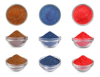 Collage of different powdered food coloring in bowls isolated on white, top and side views