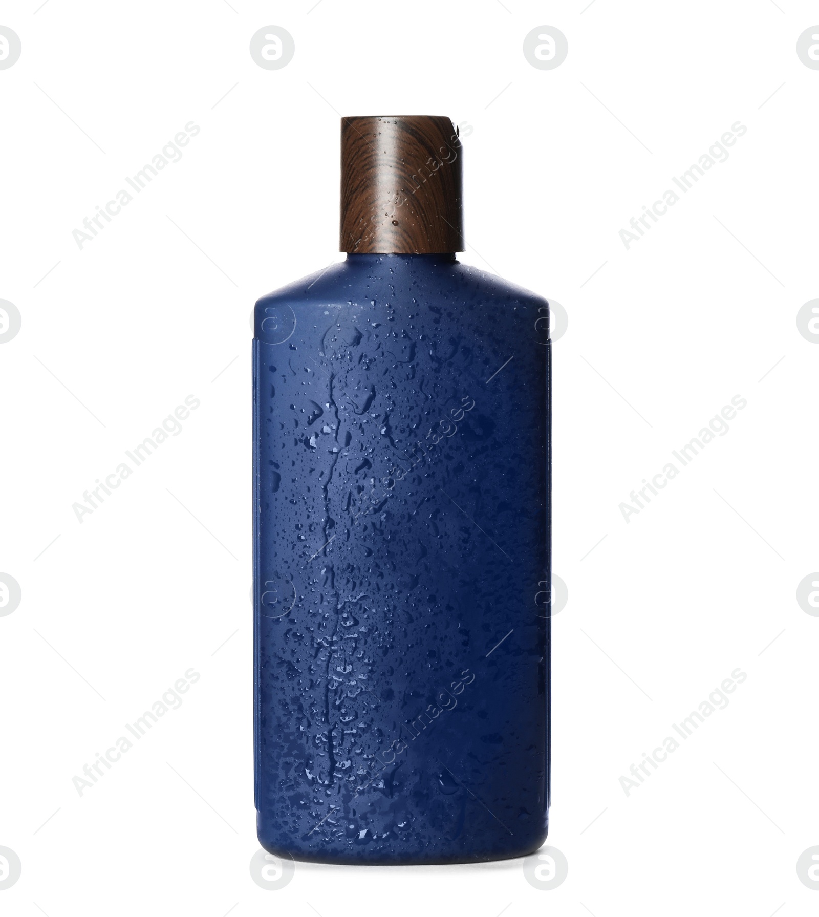 Photo of Black bottle covered with water drops isolated on white. Men's cosmetics