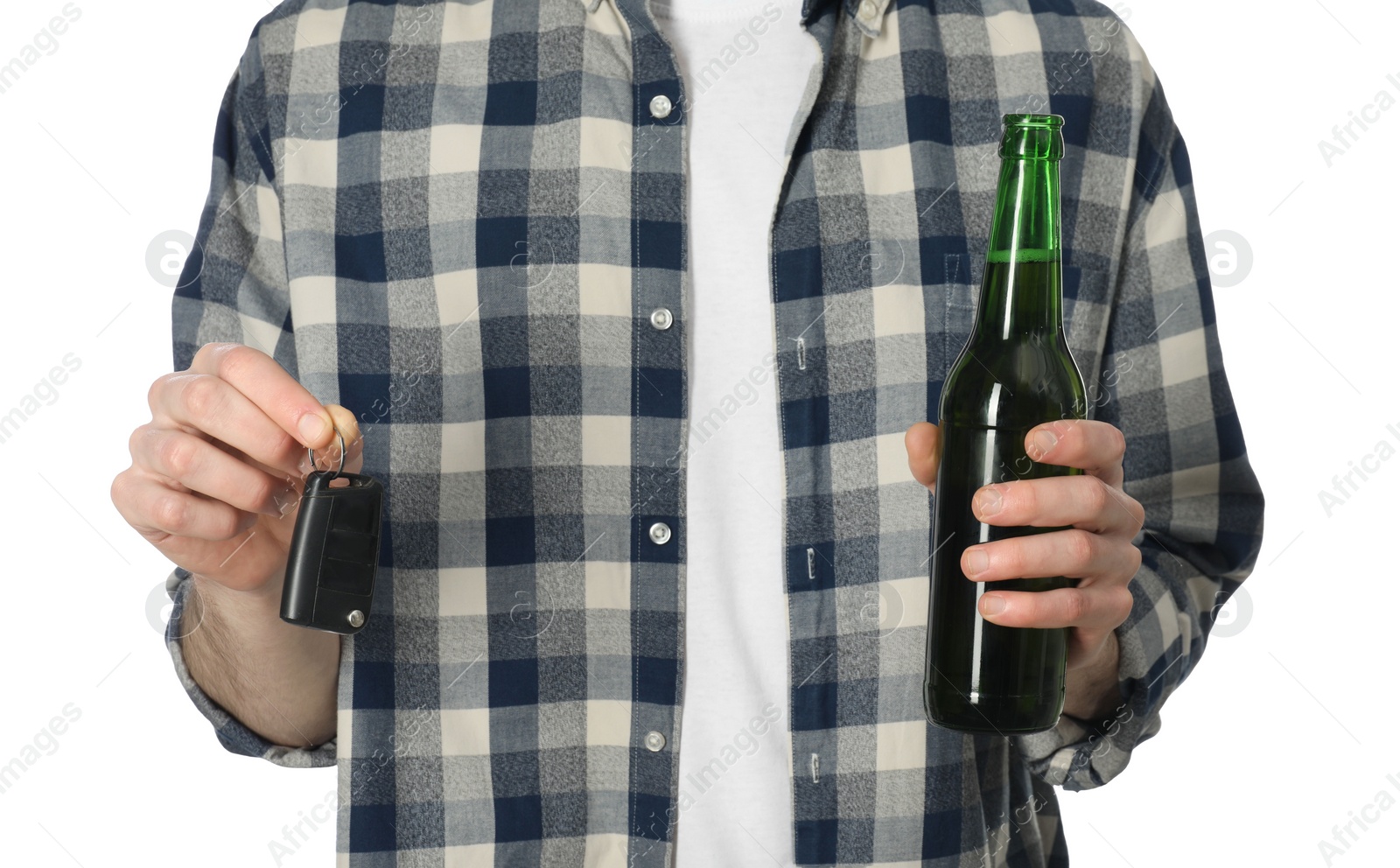 Photo of Man with bottle of beer and car keys on white background, closeup. Don't drink and drive concept