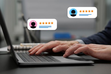 Man leaving feedback using laptop, closeup. Illustrations of reviews with avatars and stars