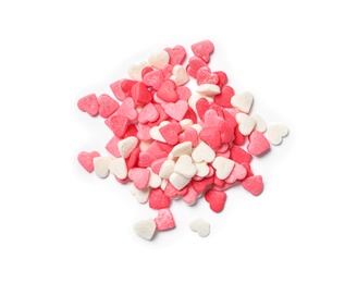 Pile of sweet candy hearts on white background, top view