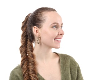 Woman with braided hair on white background