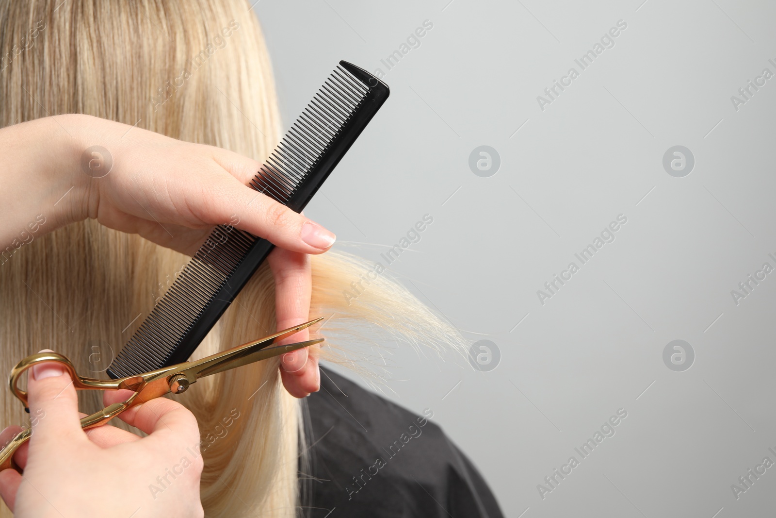 Photo of Hairdresser cutting client's hair with scissors on light grey background, closeup. Space for text