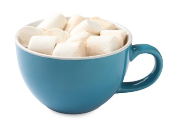 Photo of Tasty hot chocolate with marshmallows isolated on white