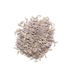 Pile of lettuce seeds on white background, top view