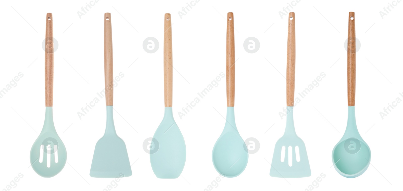 Image of Set of kitchen tools on white background. Banner design