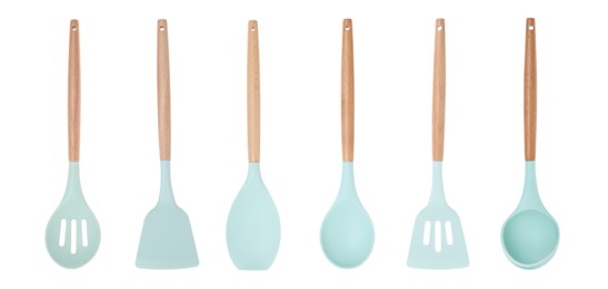 Image of Set of kitchen tools on white background. Banner design