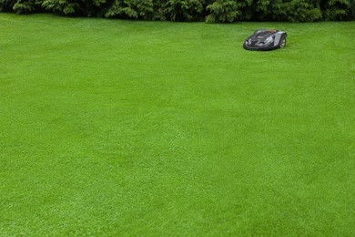 Modern lawn mower on green grass outdoors. Space for text