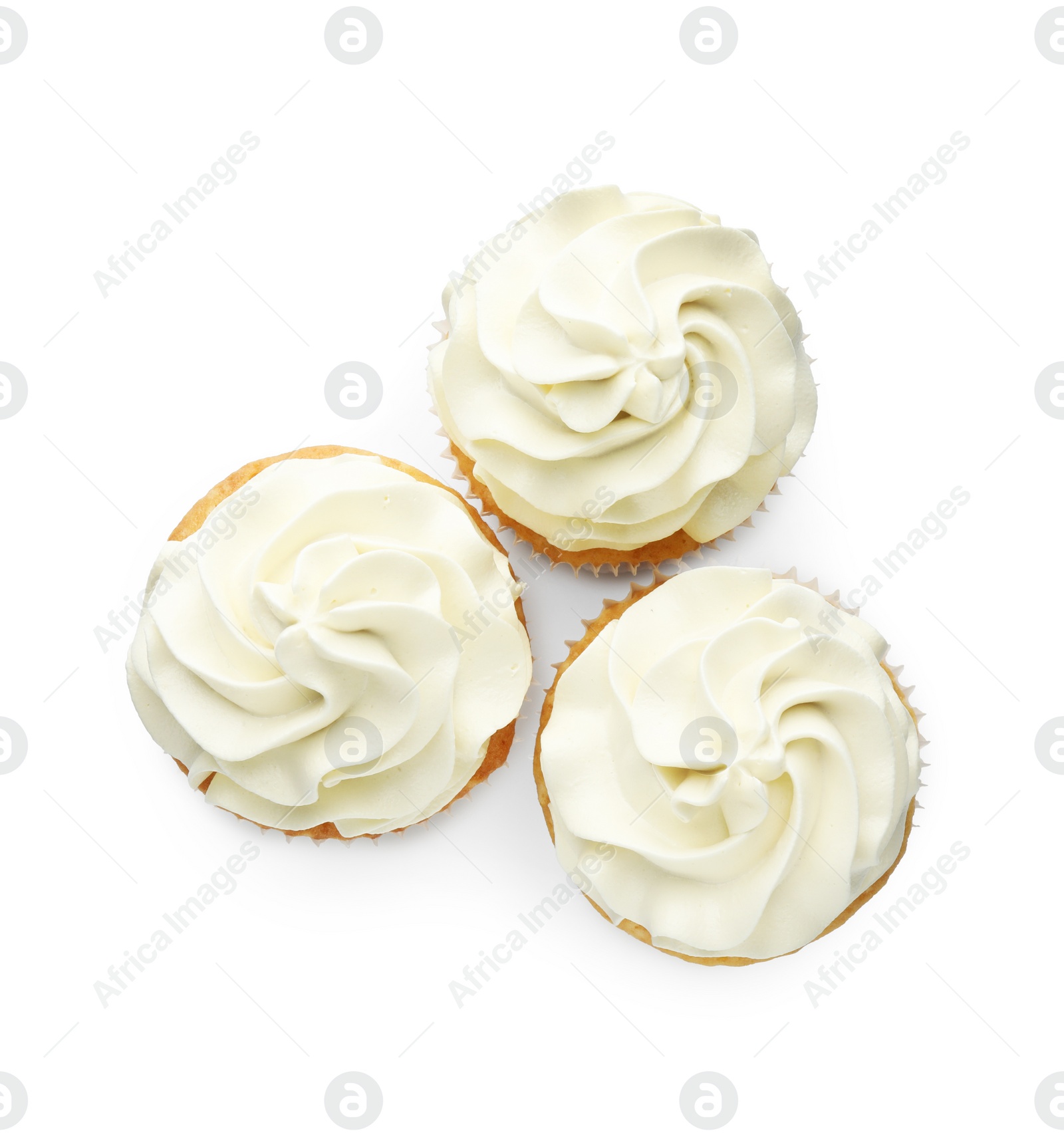 Photo of Tasty vanilla cupcakes with cream isolated on white, top view