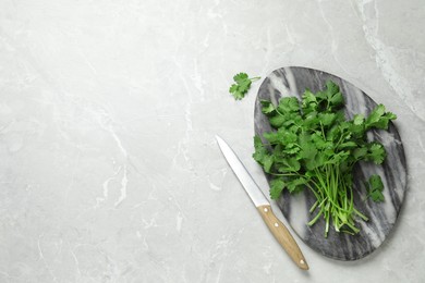 Photo of Bunch of fresh aromatic cilantro and knife on light marble table, flat lay. Space for text