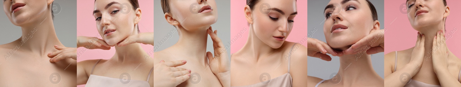 Image of Woman with healthy skin on pink and grey backgrounds, set with photos