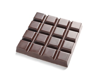 Tasty dark chocolate bar on white background