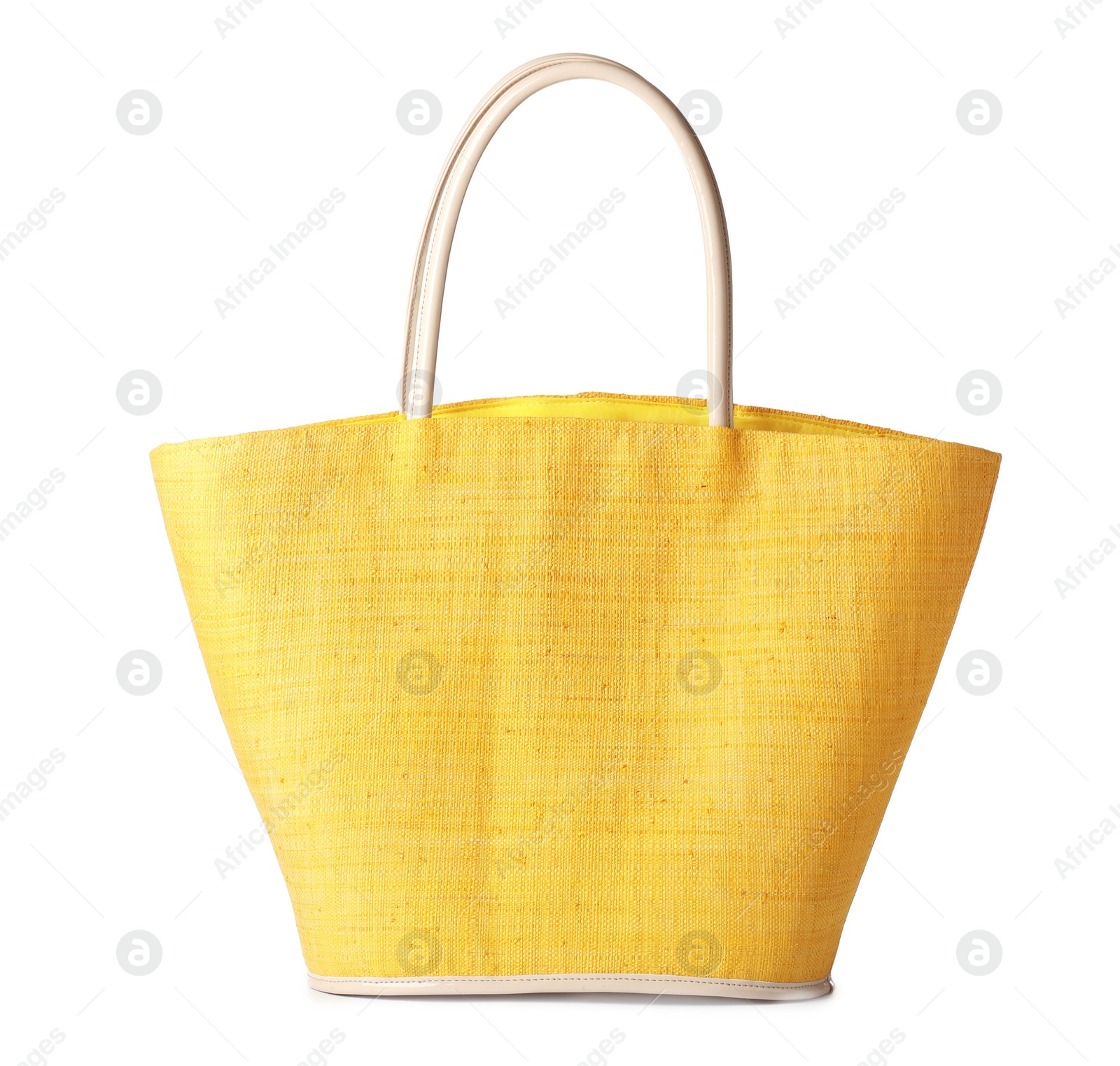 Photo of Stylish bright bag on white background. Beach accessory