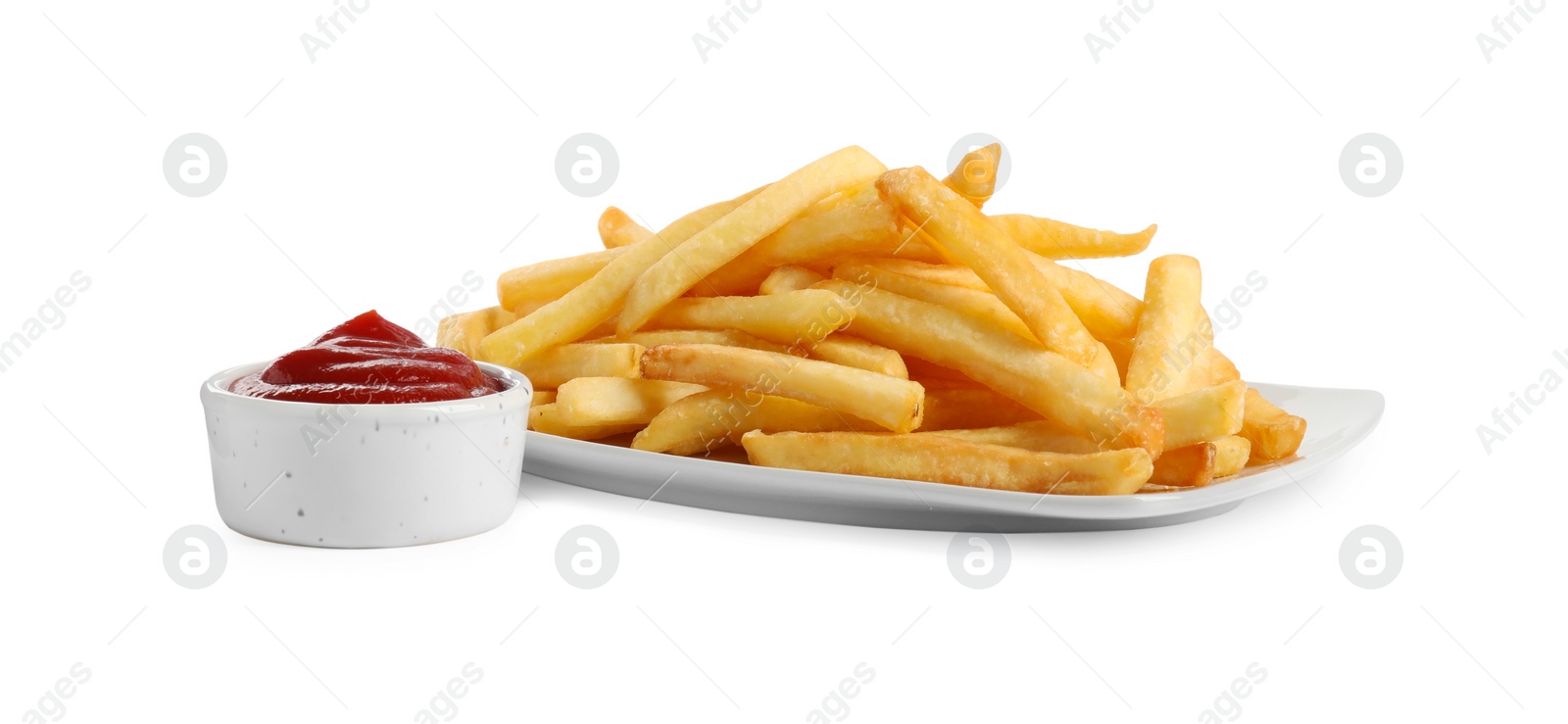 Photo of Tasty French fries and ketchup on white background