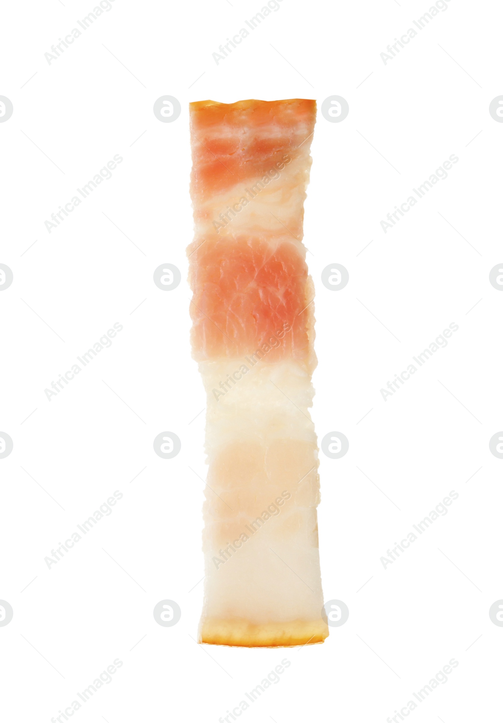 Photo of Slice of raw bacon on white background