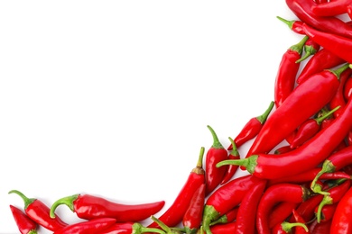 Red chili peppers on white background, top view. Space for text