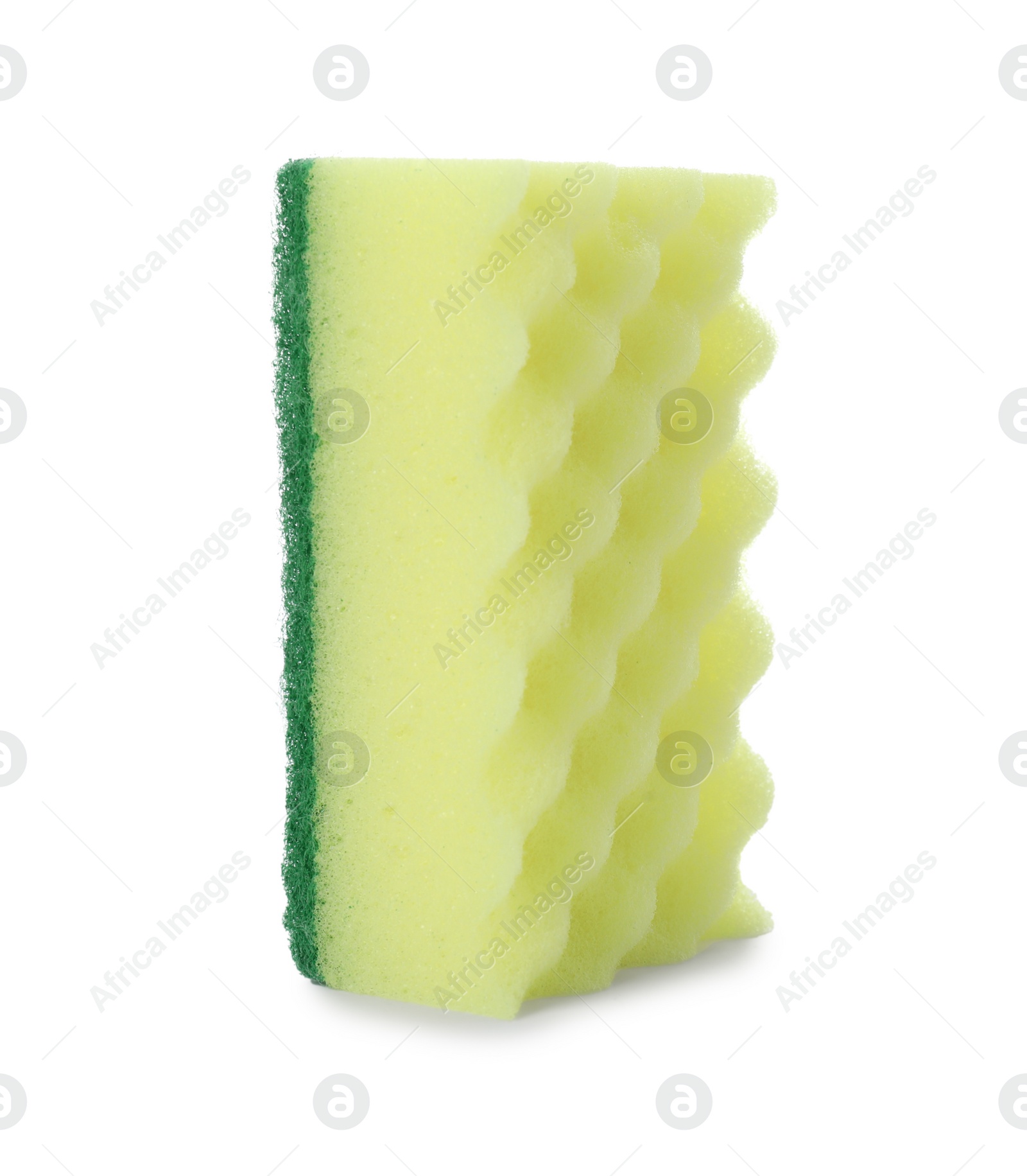 Photo of Yellow cleaning sponge with abrasive green scourer isolated on white