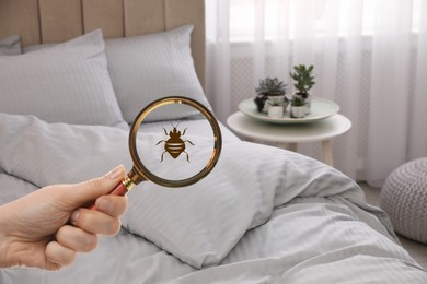 Image of Woman with magnifying glass detecting bed bug in bedroom, closeup