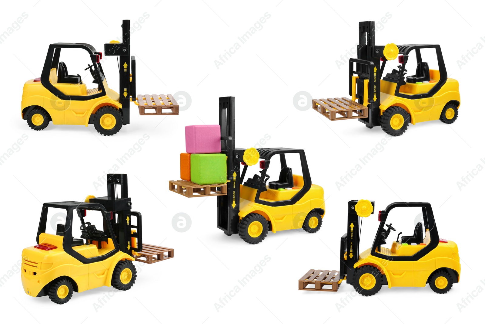 Image of Yellow forklift isolated on white, different angles. Collage design with children's toy